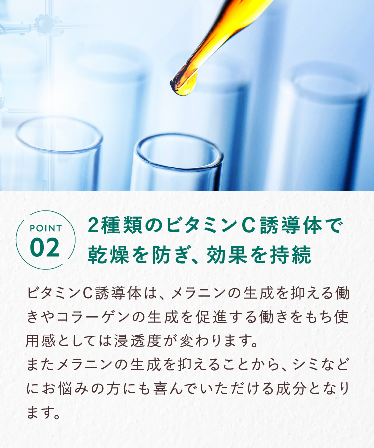 POINT02 2種類のビタミンC誘導体で乾燥を防ぎ、効果を持続